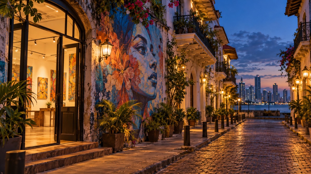 Illustrative AI-generated Panama City street art and gallery scene at dusk.