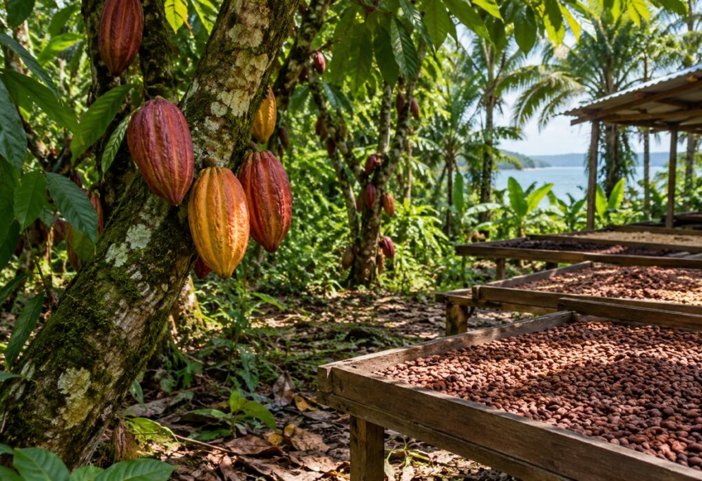 Illustrative AI-generated cacao grove and drying trays in Bocas del Toro, Panama.