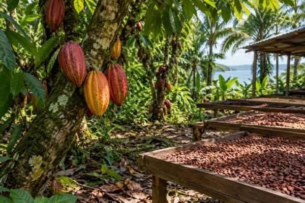Illustrative AI-generated cacao grove and drying trays in Bocas del Toro, Panama.