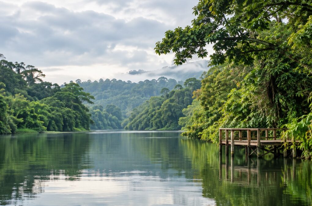 Illustrative AI-generated rainforest waterway inspired by Gamboa, Panama.
