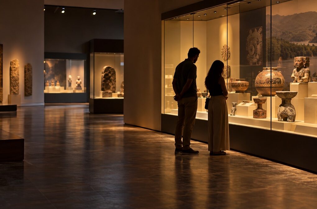 Illustrative AI-generated image of visitors viewing archaeology in a Panama museum