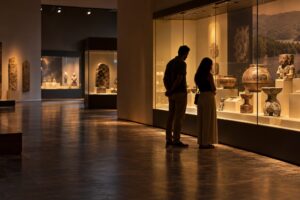 Illustrative AI-generated image of visitors viewing archaeology in a Panama museum