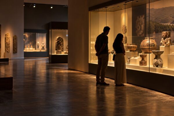 Illustrative AI-generated image of visitors viewing archaeology in a Panama museum