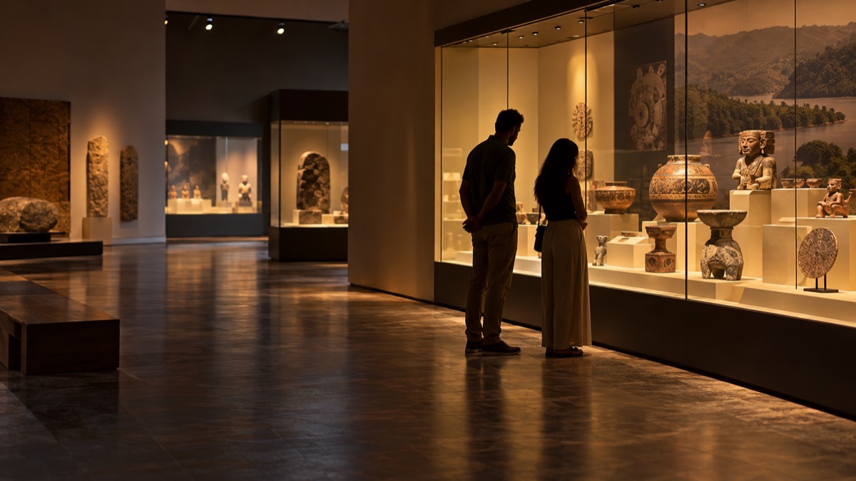 Illustrative AI-generated image of visitors viewing archaeology in a Panama museum