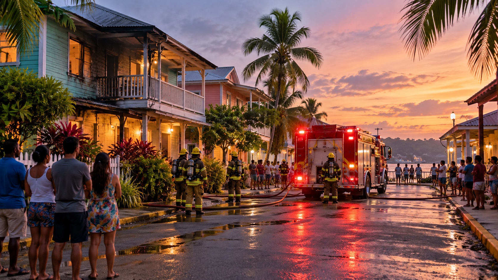 Illustrative image: emergency-response scene in a Caribbean town