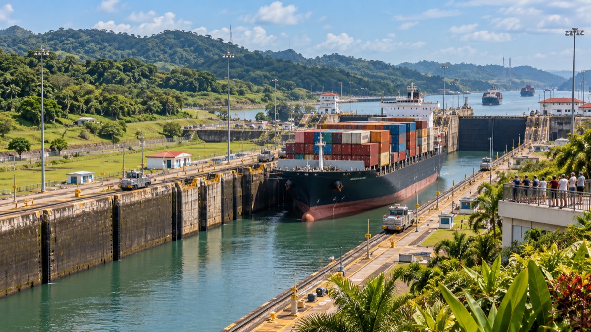 Illustrative AI-generated image of a Panama Canal lock and visiting viewpoint
