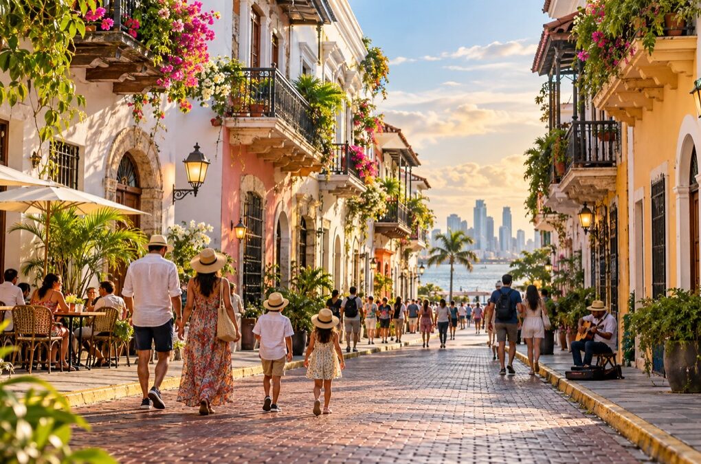 Illustrative AI-generated image of families enjoying a pedestrian-friendly historic district in Panama City