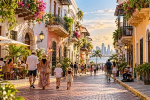 Illustrative AI-generated image of families enjoying a pedestrian-friendly historic district in Panama City
