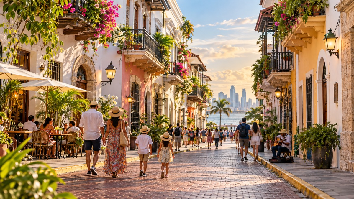Illustrative AI-generated image of families enjoying a pedestrian-friendly historic district in Panama City