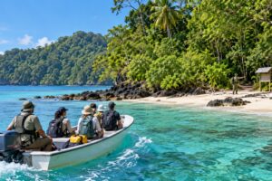 Illustrative AI-generated image of visitors arriving at a protected tropical island in Panama