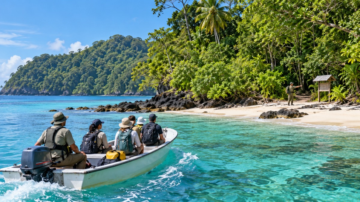 Illustrative AI-generated image of visitors arriving at a protected tropical island in Panama