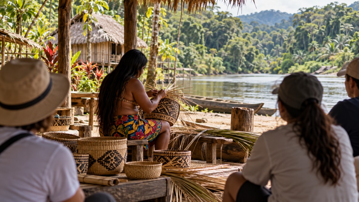 Illustrative AI-generated image of a respectful Emberá-Wounaan community artisan setting