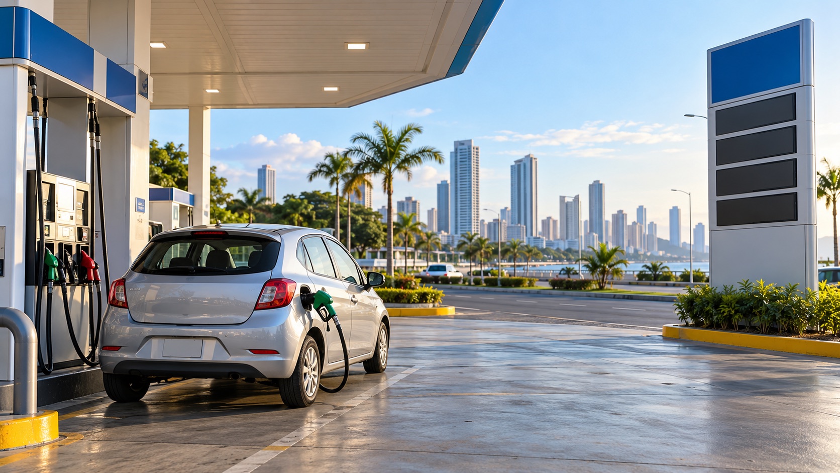 Illustrative image: generic Panama fuel station and car; not an event photograph.