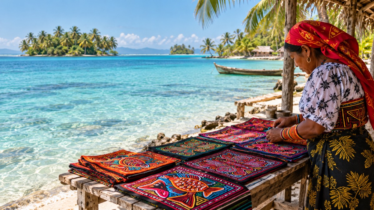 Illustrative AI-generated image of Guna textile artistry beside Caribbean water in Panama
