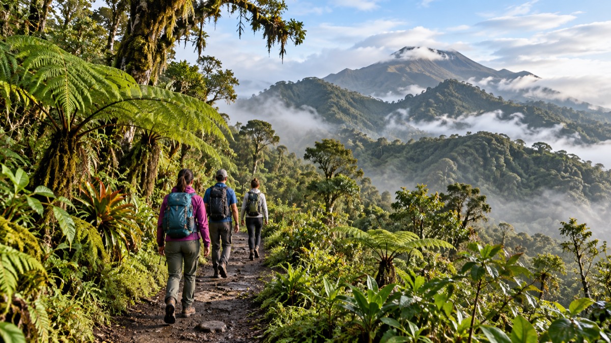 Illustrative AI-generated image of hikers on a Panama mountain trail