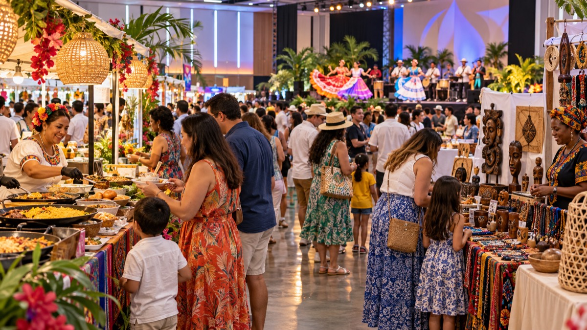 Illustrative AI-generated image of a multicultural community fair in Panama City