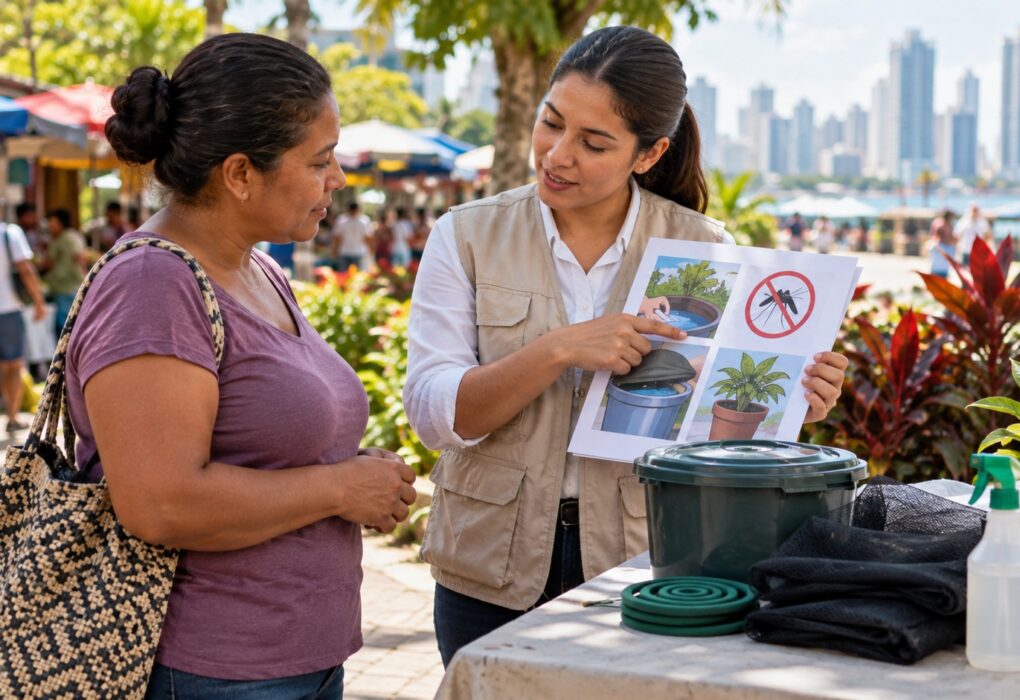 Illustrative image: mosquito-prevention education in a community setting; not an event photograph.
