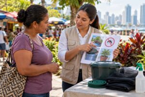 Illustrative image: mosquito-prevention education in a community setting; not an event photograph.