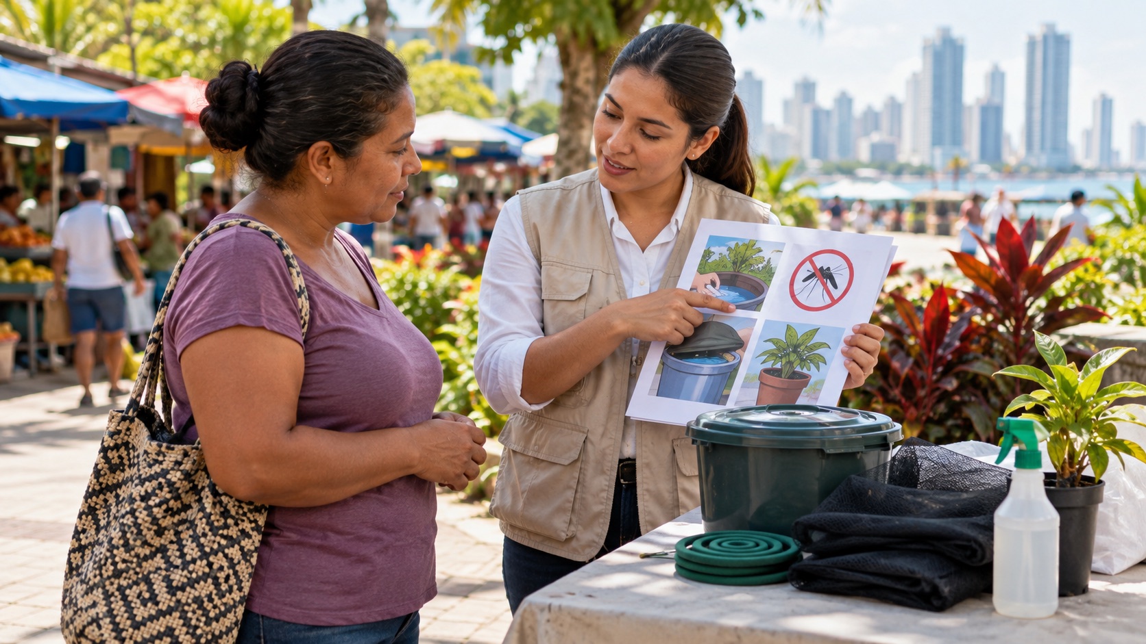 Illustrative image: mosquito-prevention education in a community setting; not an event photograph.