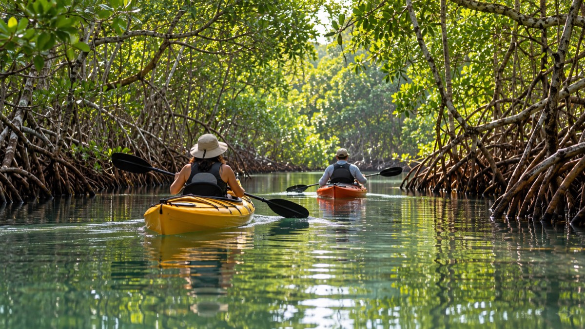 Illustrative AI-generated image of guided mangrove kayaking in Panama