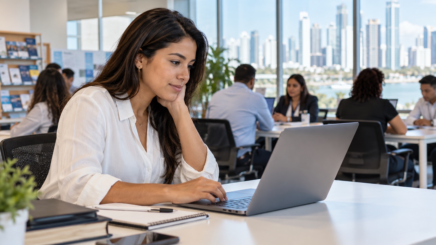 Panama job seeker reviewing opportunities on a laptop at a bright career center, realistic editorial photograph, no visible logos or readable screen text