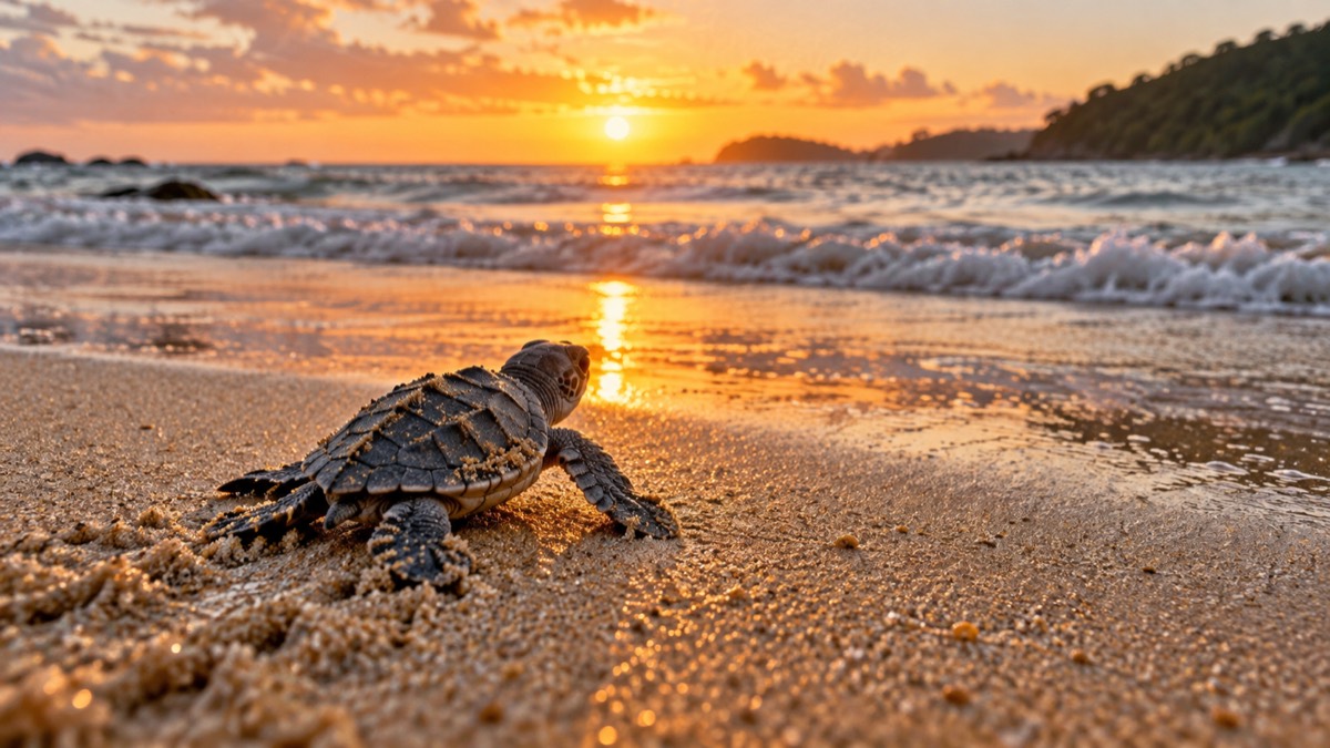 Illustrative AI-generated image of a sea turtle hatchling on a Panama beach