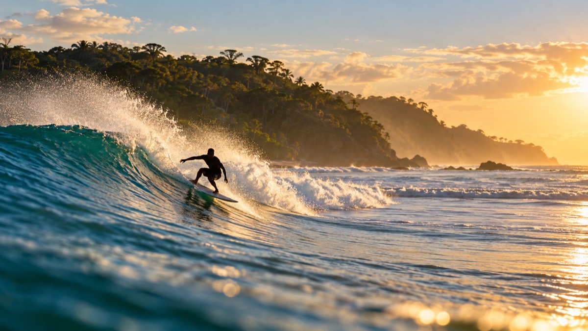 Illustrative AI-generated image of surfing on Panama’s Pacific coast
